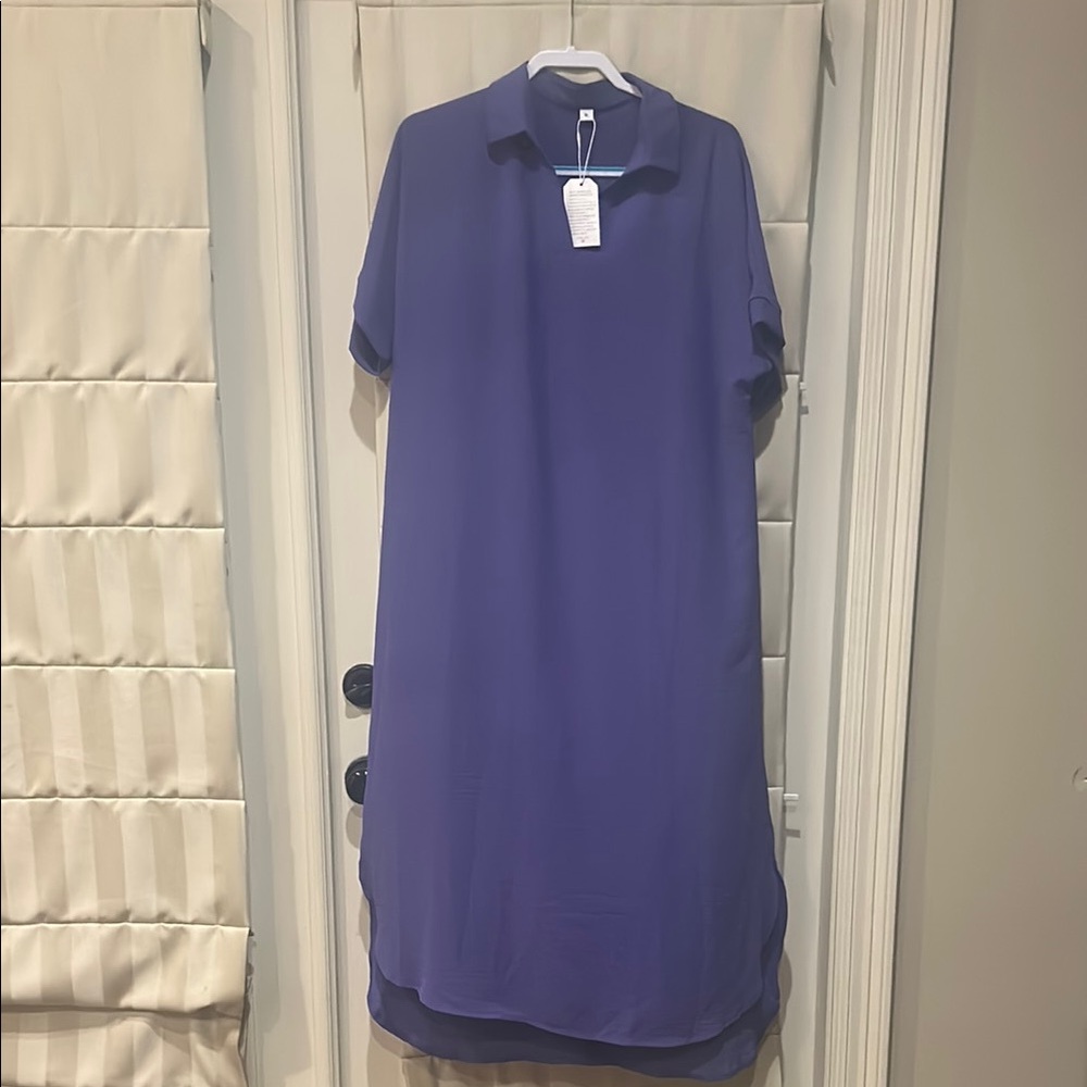 Purple Polo Collar Midi Dress Casual Short Sleeve